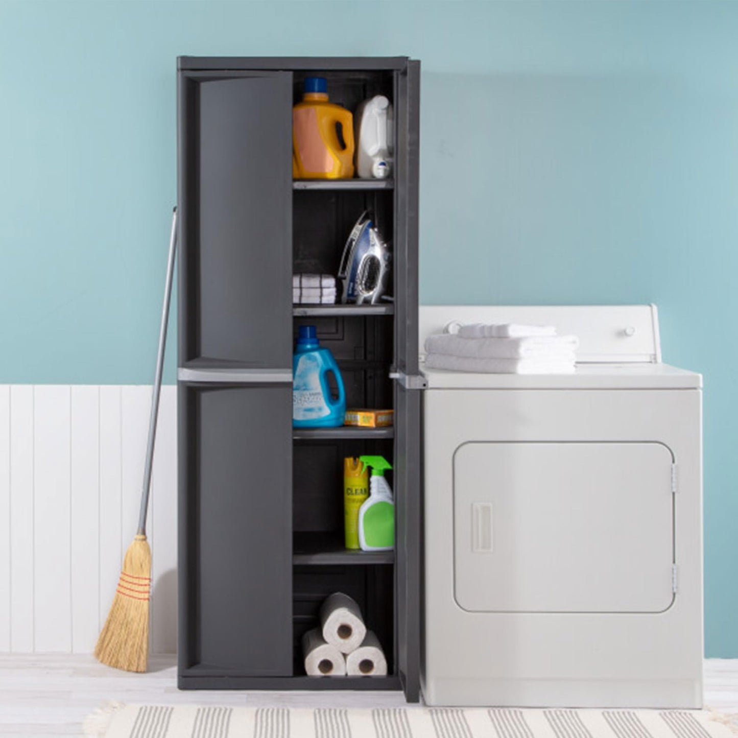 Sterilite 4 Shelf Cabinet, Heavy Duty and Easy to Assemble Plastic Storage Unit, Organize Bins in the Garage, Basement, Attic, Mudroom, Gray, 1-pack