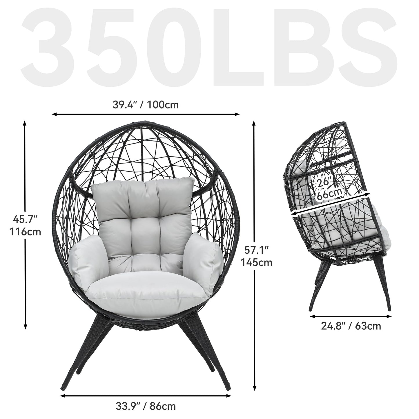 YITAHOME Large Wicker Egg Chair with Stand for Indoor and Outdoor, Cushion, and Adjustable Leveling Feet, Large Lounger for Garden, Patio, Balcony, Backyard,Supports up to 330lbs, Gray