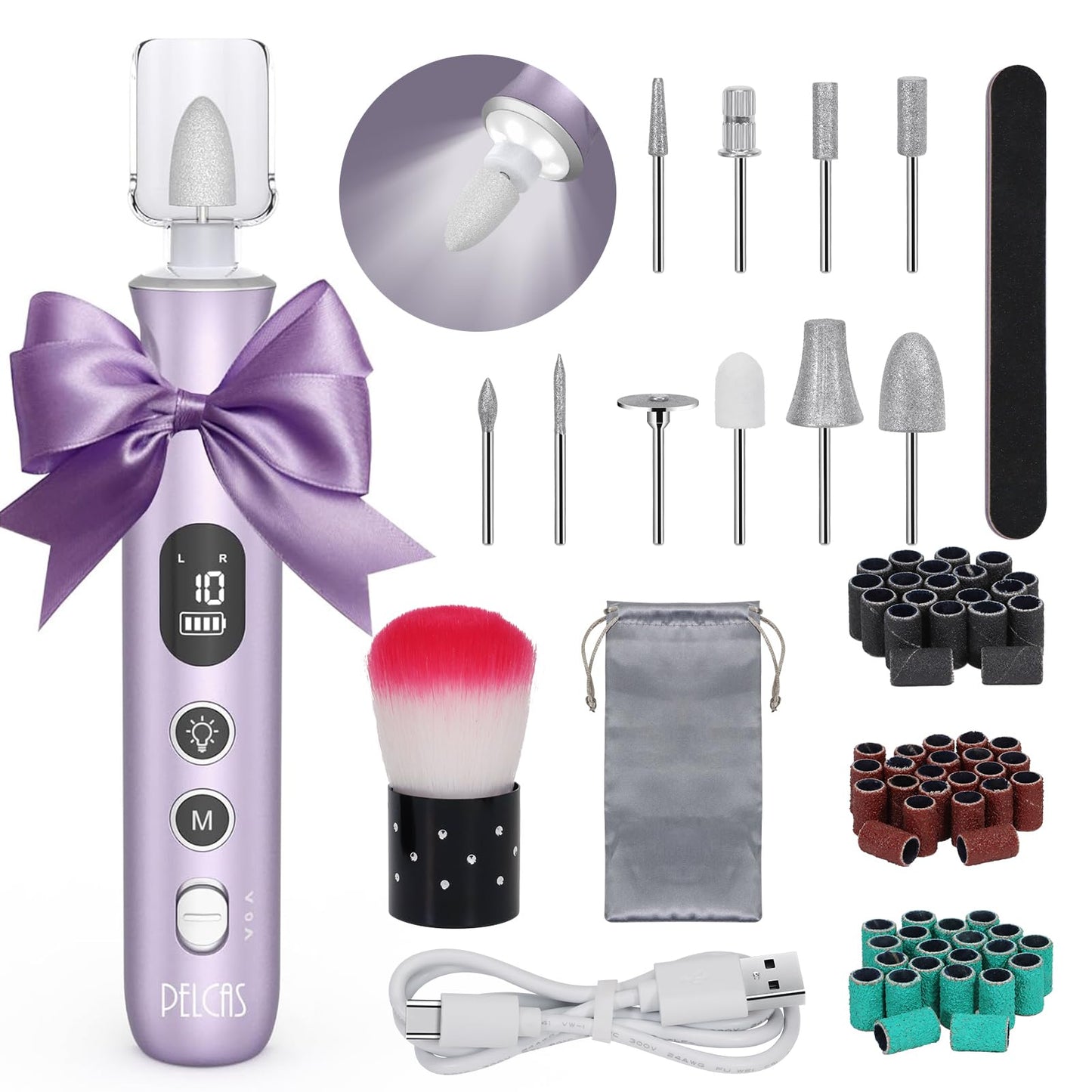PELCAS Electric Nail Grinder, 10 Speeds Cordless Nail Drill with LED Light, Portable Manicure and Pedicure Kit, Nail File with LCD Screen for Human, Pet, Thick Toenails, Natural & Acrylic Nails Grey
