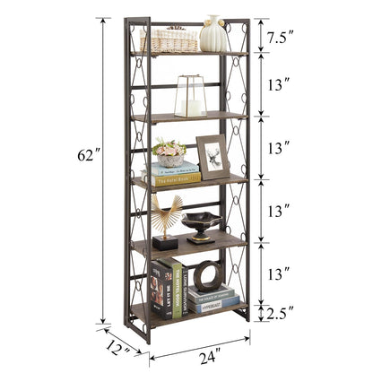 VECELO Folding Bookshelf, 5 Shelf Folding Bookcase No Assembly, Industrial Metal Freestanding Shelves Rack Organizer for Living Room, Office, Bedroom, Kitchen
