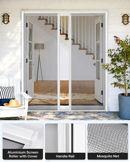 Paramondo Retractable Screen for Double Doors - Self-Stop Sliding Patio Screen with Aluminum Frame & Fiberglass Mesh, White, Size 72 3/4" W x 81 3/8" H