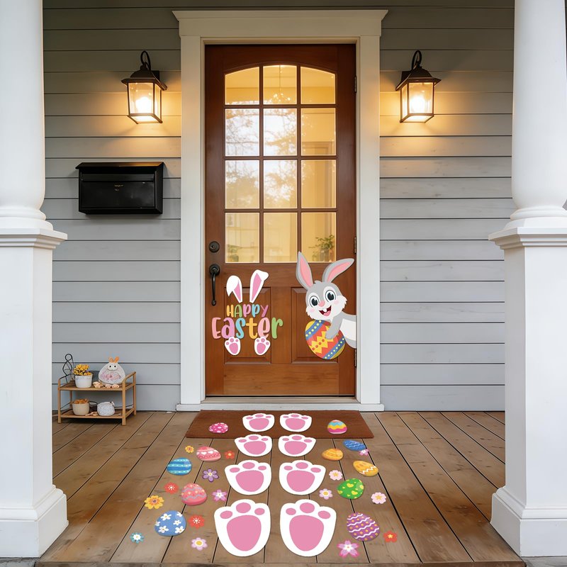 129 Pcs Easter Bunny Footprint Stickers for Floor Removable Easter Bunny Feet Paw Stickers Bunny Paw Print Easter Egg Flower Print Holiday Party Decorations Home Floor Window Decor Egg Hunting Games