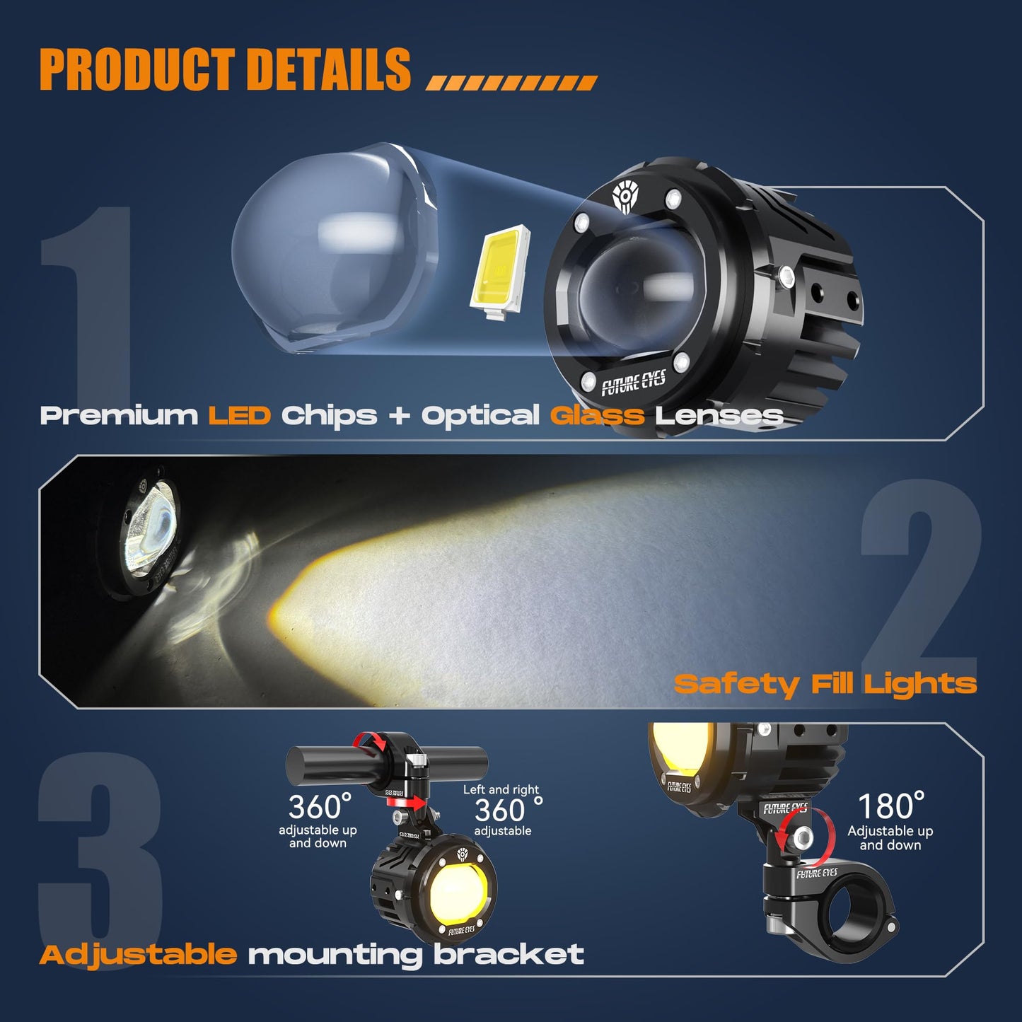 Future Eyes Motorcycle LED Fog Lights, 120W Auxiliary Driving Spotlight, High/Low Beam, Waterproof Off-Road Lights for Night Riding, ATV, UTV, and Motorcycle Headlights