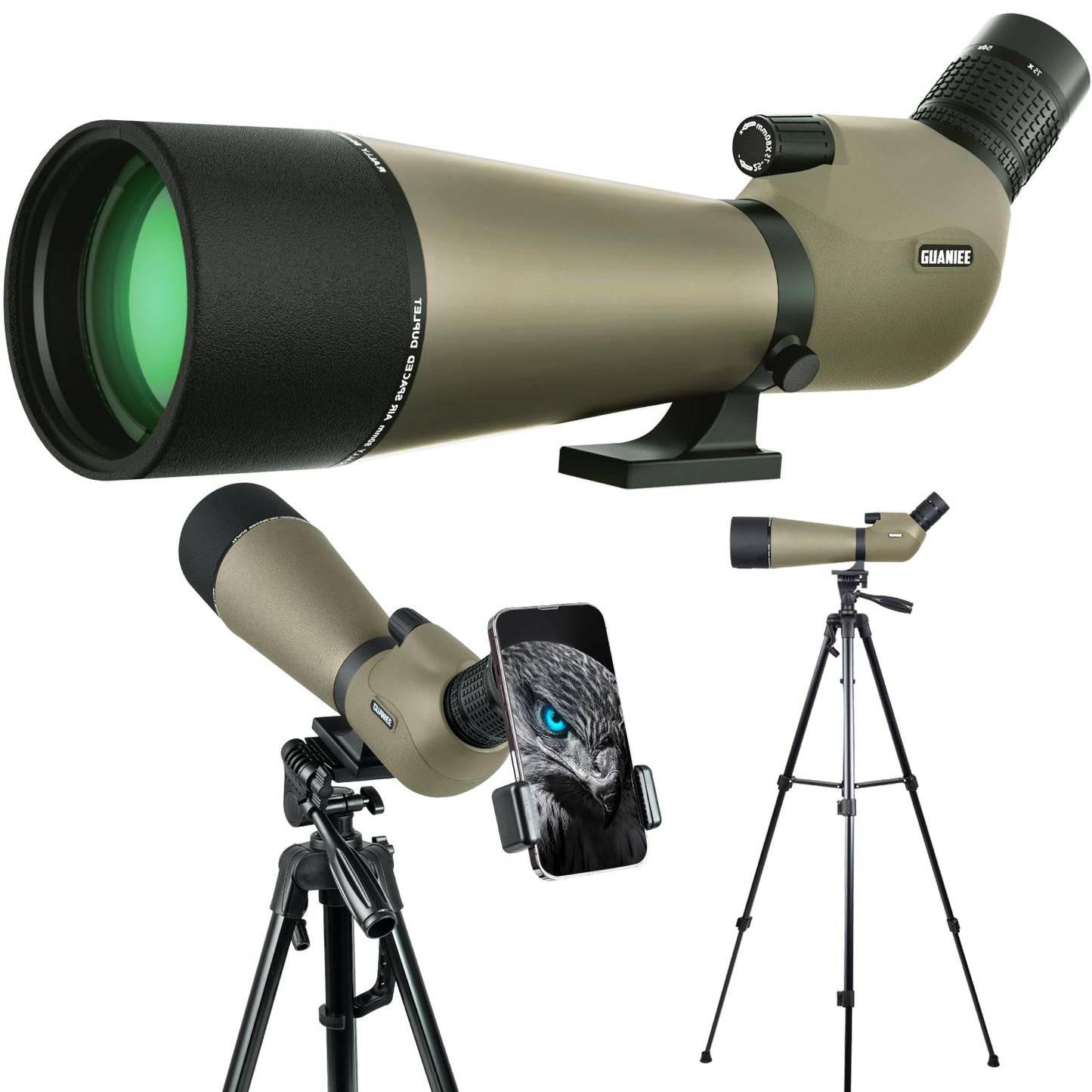 GUANIEE 25-75x80 Spotting Scope for Target Shooting with Full Size Tripod Carrying Bag and Phone Adapter Spotter Scope for Bird Watching, Wildlife Viewing Mud