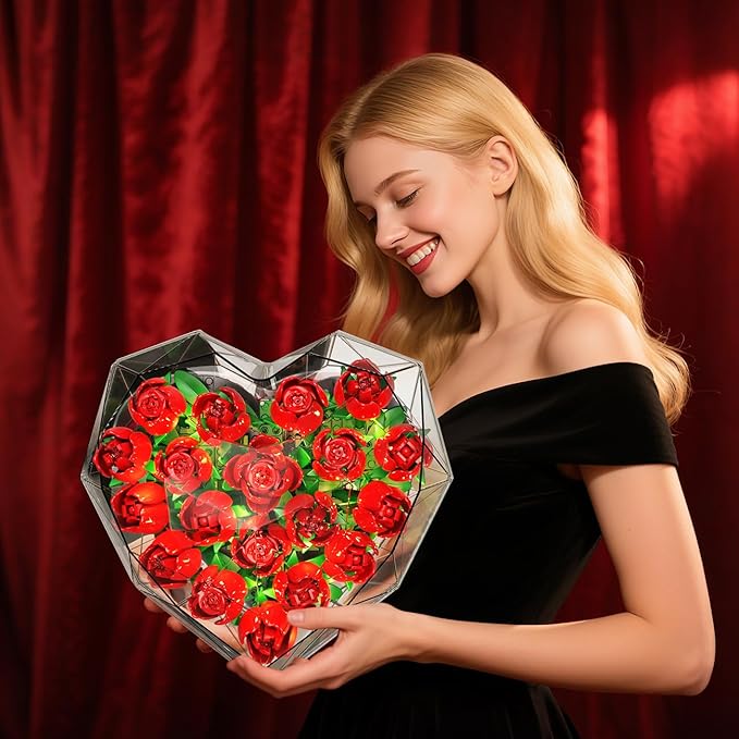 Flower Bouquet Building Set with LED Lights - 19 Rose Red Botanical Collection Block Toy with Heart Shaped Cover for Adult Her Lover Wife Women Girls 8-12+