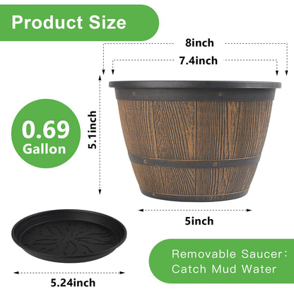 8-inch-Plant-Pots-Indoor-Outdoor, 4 Pack Whiskey Barrel Planters with Drainage Holes & Saucer, Plastic Flower Pots Imitation Wine Barrel Design, Decorative Garden Pots for Plants