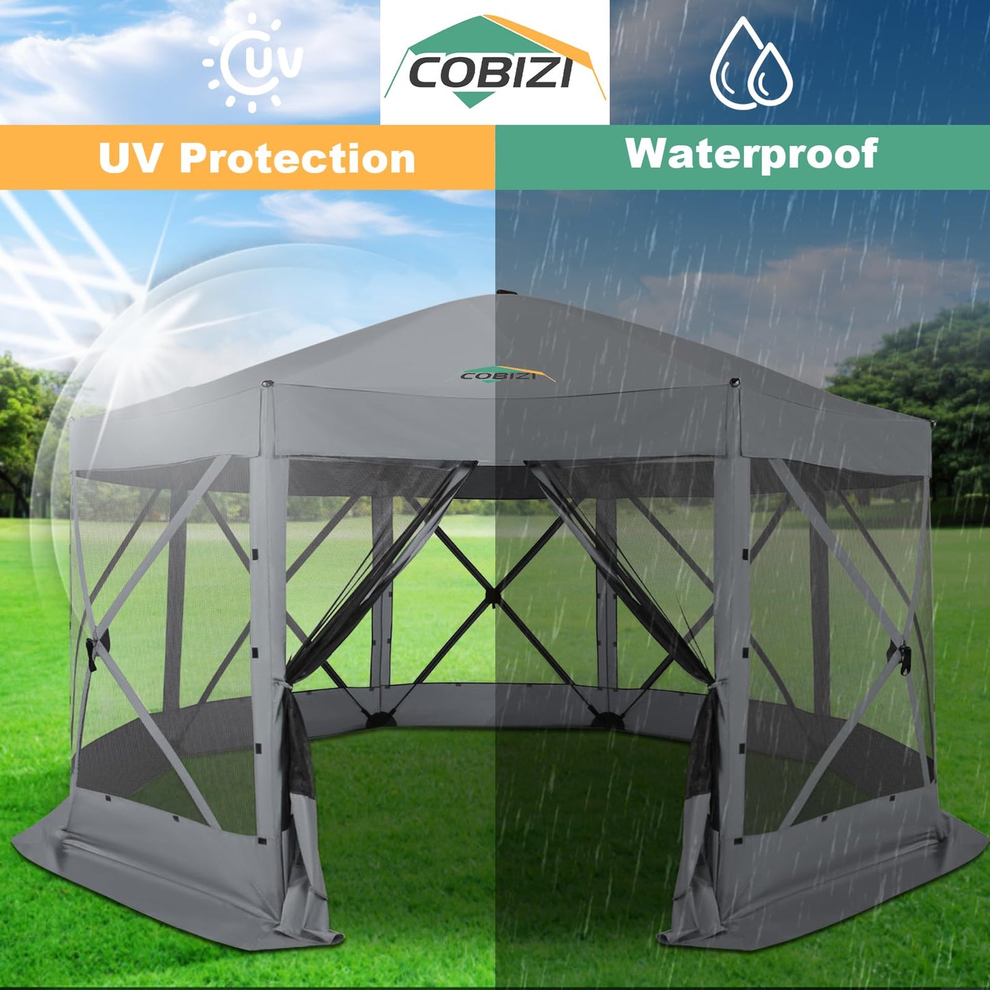 COBIZI 15x15 FT Pop Up Gazebo - Canopy Tent, Large Gazebos On Clearance with Sidewalls, Screened in Gazebo,carpas para Patio,Portable Screen Tents for 12-15 Persons Outdoor Camping, Backyard,Gray