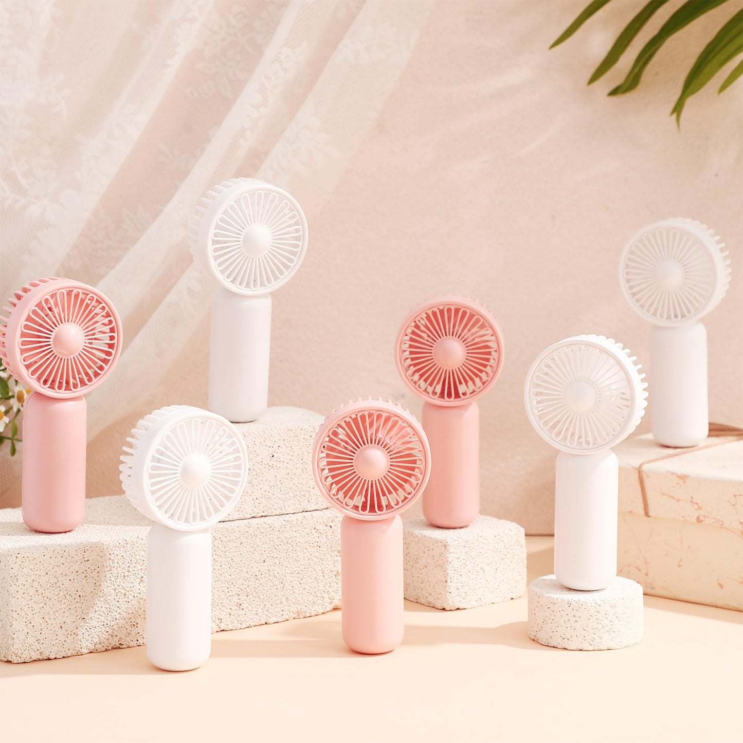 Woanger 100 Pcs Mini Fans Portable Handheld Fan Bulk Battery Operated Personal Small Fans Powerful Eyelash Hand Held Fan for Wedding Summer Travel Camping, Not Included AA Battery (White,Pink)
