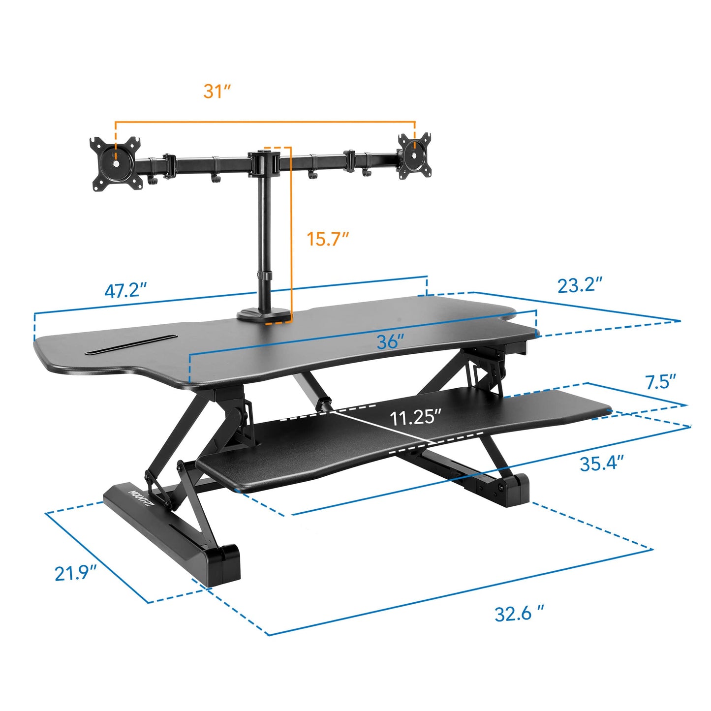 Mount-It! Electric Standing Desk Converter with Dual Monitor Arm, Stand Up Desk Riser X-Large 47.2" Wide, Electric Desk Riser with Mount for 2 Screens (Max 32"), Desktop with Keyboard Tray, USB, Black