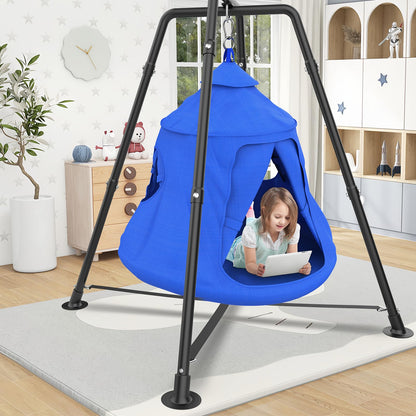 Swing Set with Tent Swing, X-Shaped Swing Frame with Sensory Swing, Metal 32mm Diameter Swing Stand with Tent Swing, 330 lbs Capacity, w/Rainbow Lights String, Indoor/Outdoor Use (Blue)