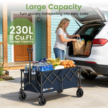 Collapsible Wagon Cart, 330LBS Heavy Duty Folding Cart with Wheels 360° Rotation, Built-in Brakes, Flexible Handle, Portable Utility Wagon for Grocery Sports Garden Shopping Camping, Blue