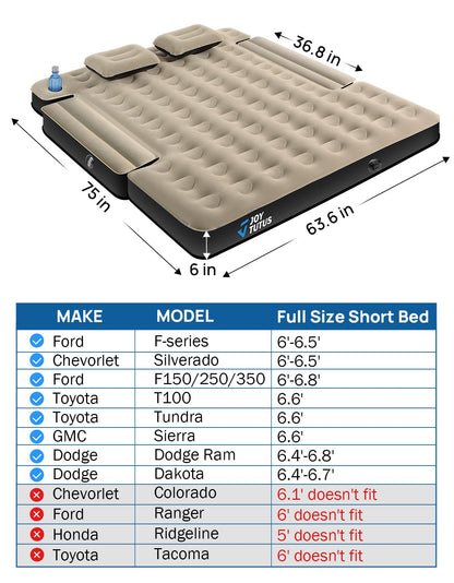 JOYTUTUS Truck Bed Air Mattress for 6.4-6.7Ft, Full Size Regular Beds for Pickup Outdoor Camping, Truck Tent Accessories with Carry Bag & Cup Holder & Cavity Design, Camel&Black