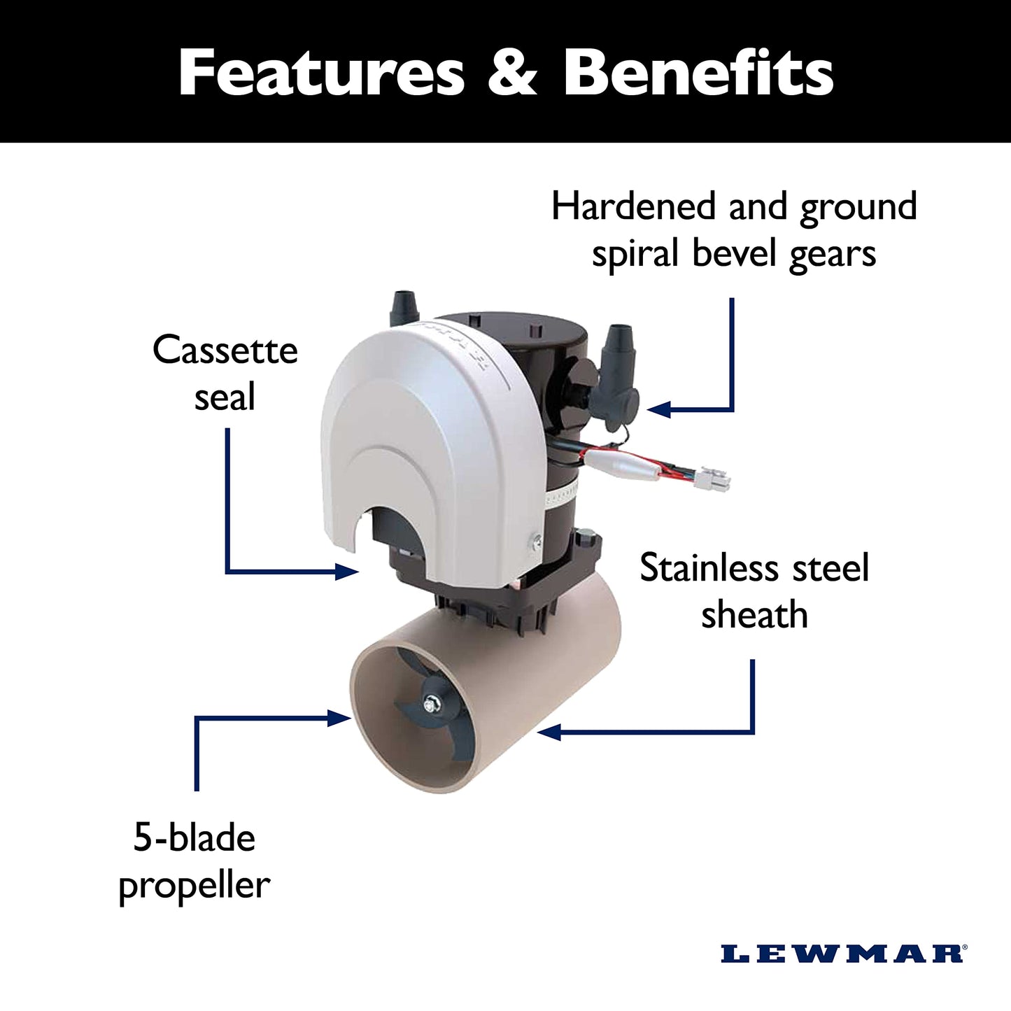 Lewmar 110TT Boat Thruster Kit 1.5 W, Single 5-Blade Propeller, 1.5kW 2.0 HP 12-Volt Motor with Joystick Control, 7-Meter Cable, Thrust Tunnel, Fuse and Holder