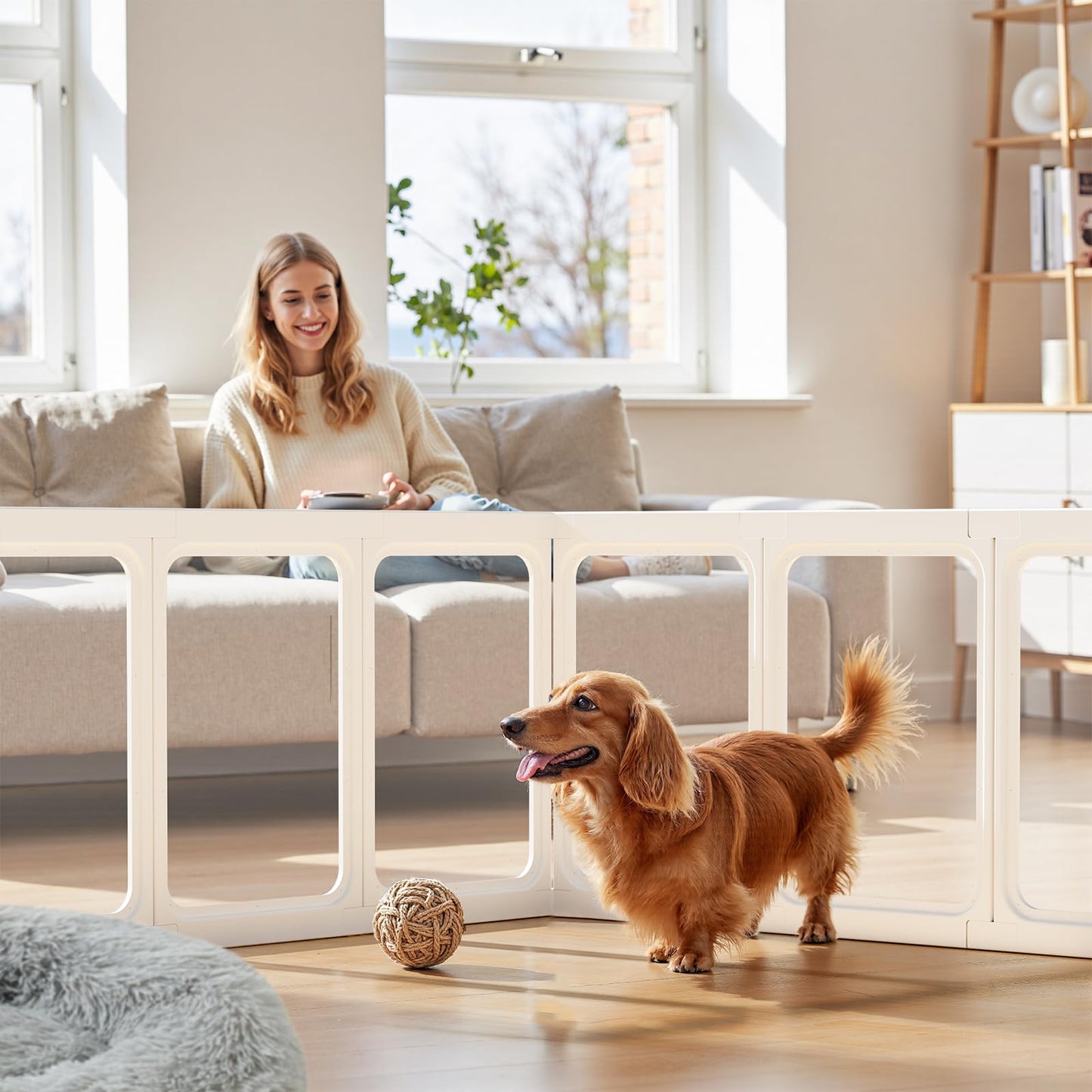 Clear Acrylic Dog Playpen - 50 x 50 Inch, 24" H 12 Planes Transparent Dog Fence Indoor, Sturdy Pet Pen for Puppy/Small Dog/Rabbit/Pig, Easy Assemble & Cleaning Plastic Whelping Box Enclosure, White