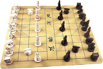 Traditional Chinese Xiangqi Portable Chess SetTravel Board Game Set with Resin Chess Pieces and Leather Chessboard