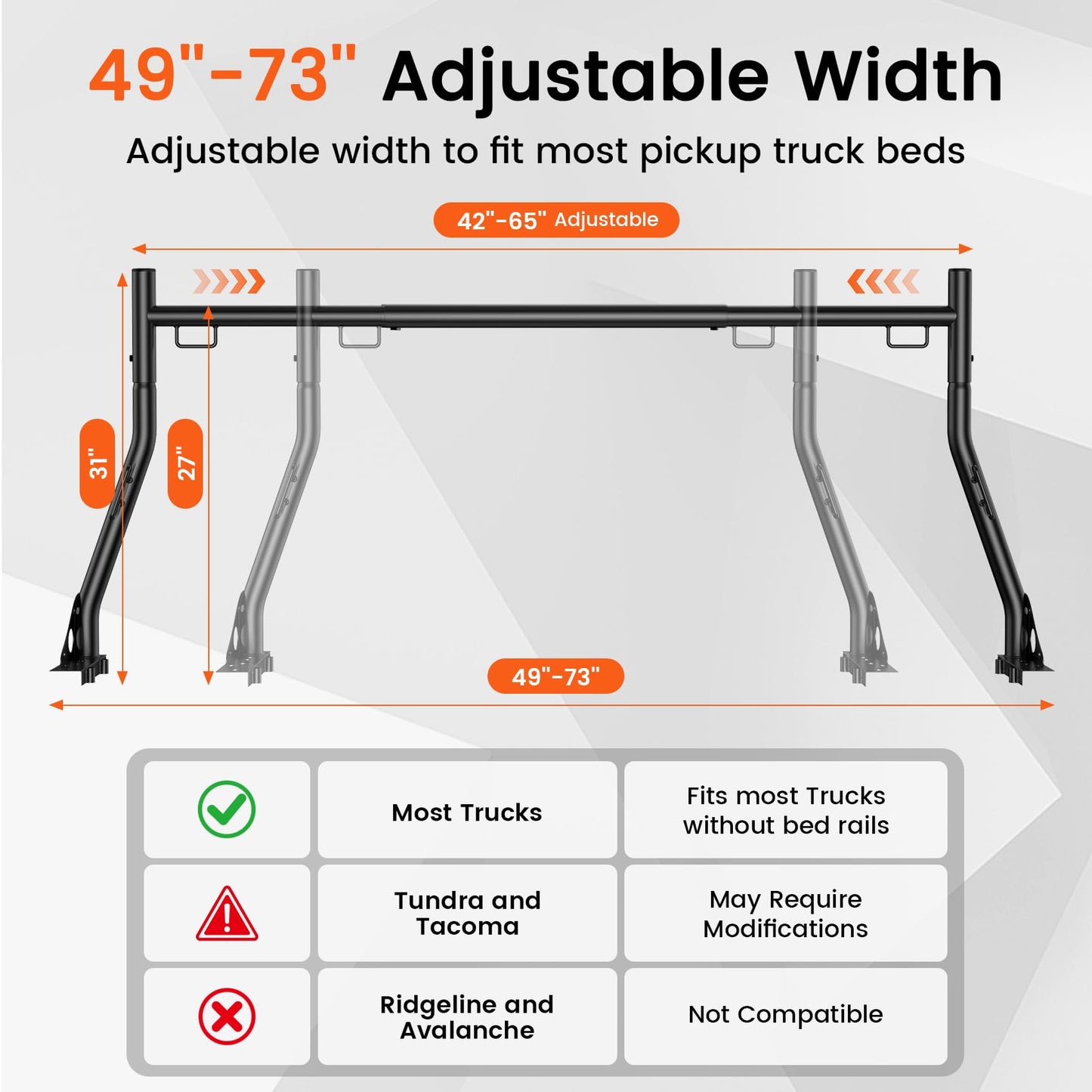 JY PERFORMANCE Truck Ladder Racks 800Ibs Capacity Extendable Pick-up Truck Bed Ladder Rack, Universal Heavy Duty (NO Drilling)