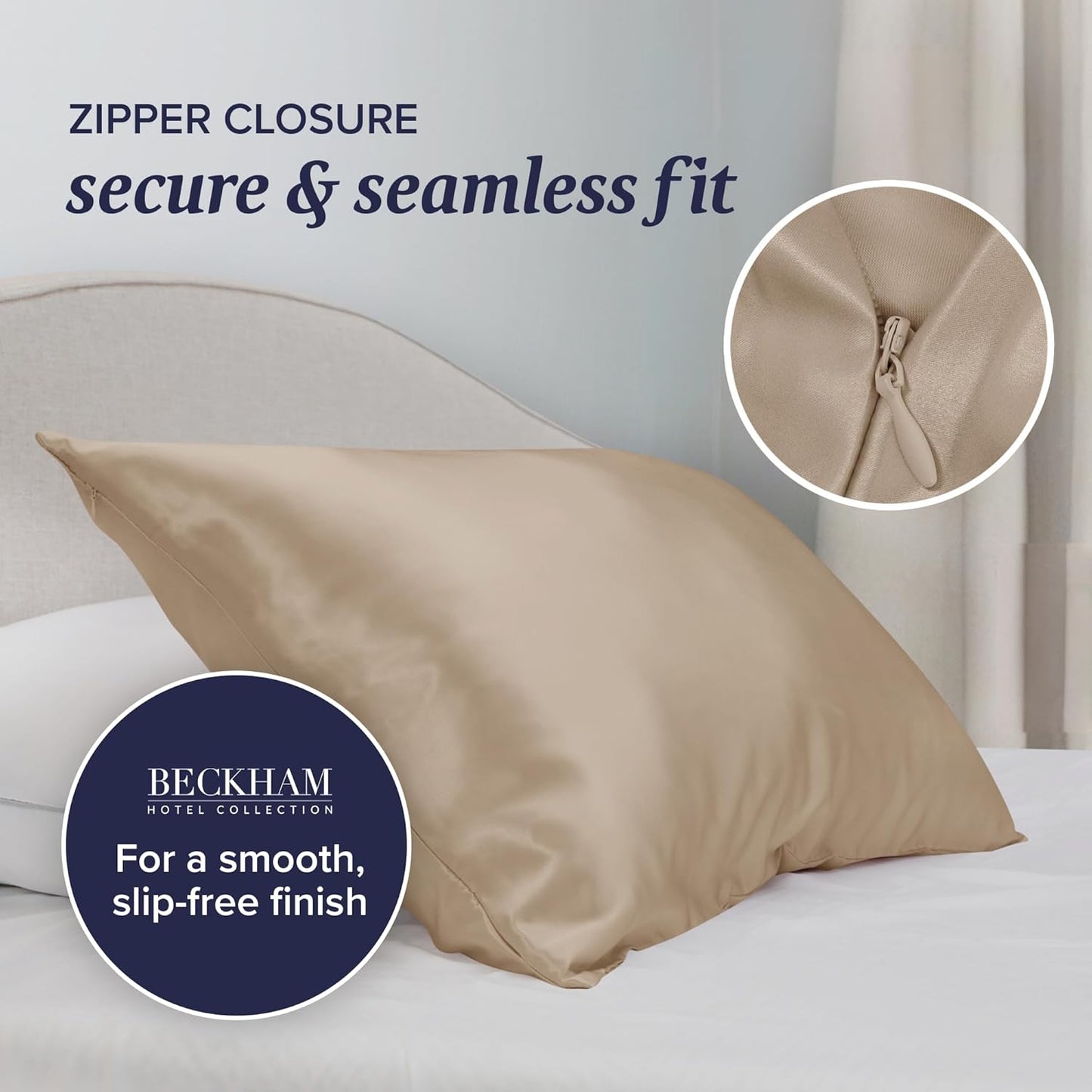 Beckham Hotel Collection Silk Pillowcase - 100% Mulberry Silk for Hair & Skin | 22 Momme, Queen, Champagne