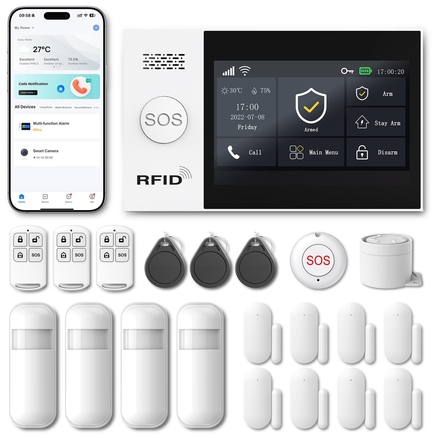 PGST Home Security System, Home Alarm System Wireless Touch Screen Motion Detection, Door and Window Alarms for Home, Wireless Siren, Remotes, Phone App, for Villa Home Apartment