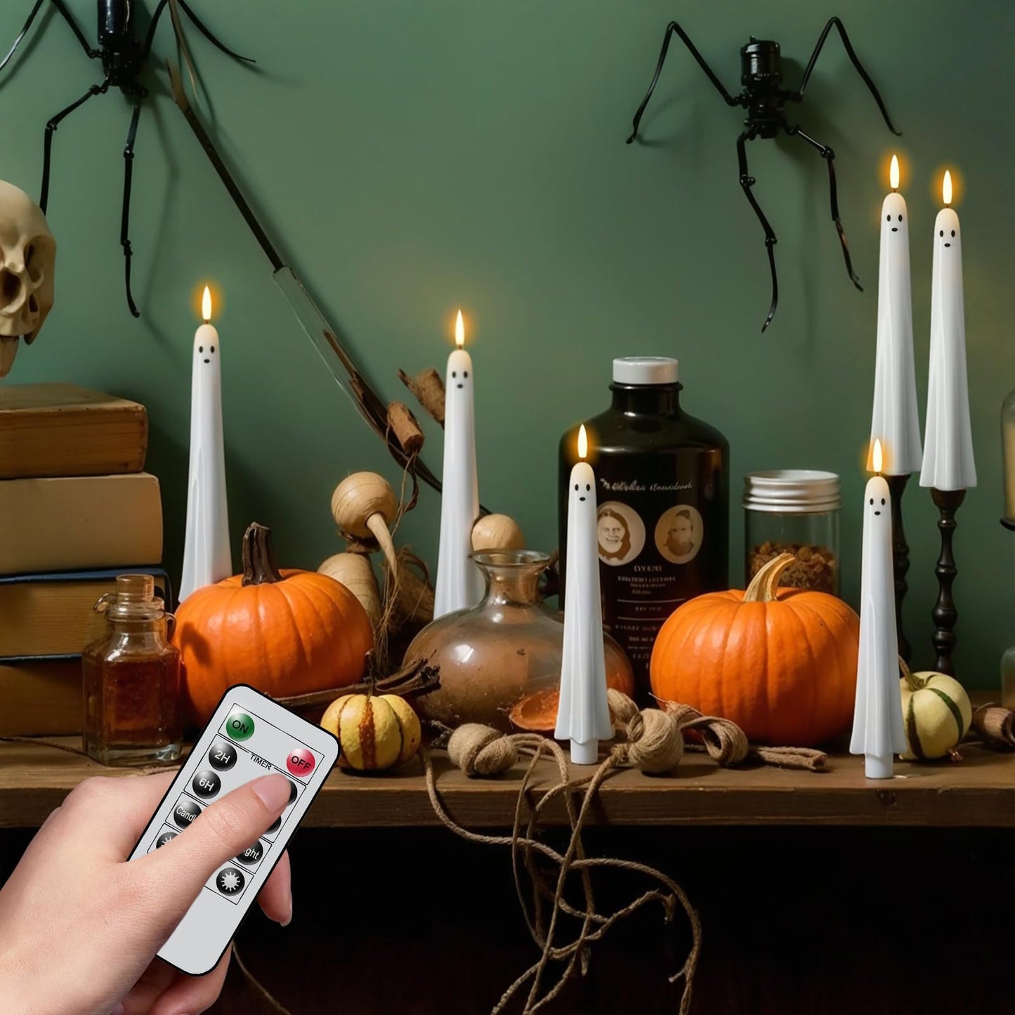 DRomance Halloween Ghost Flameless Taper Candles Flickering Battery Operated with Remote and Timer 3D Wick White Real Wax LED Taper Candles Halloween Dinner Decoration Indoor(2 Pack, 0.79"D x 9.5"H)