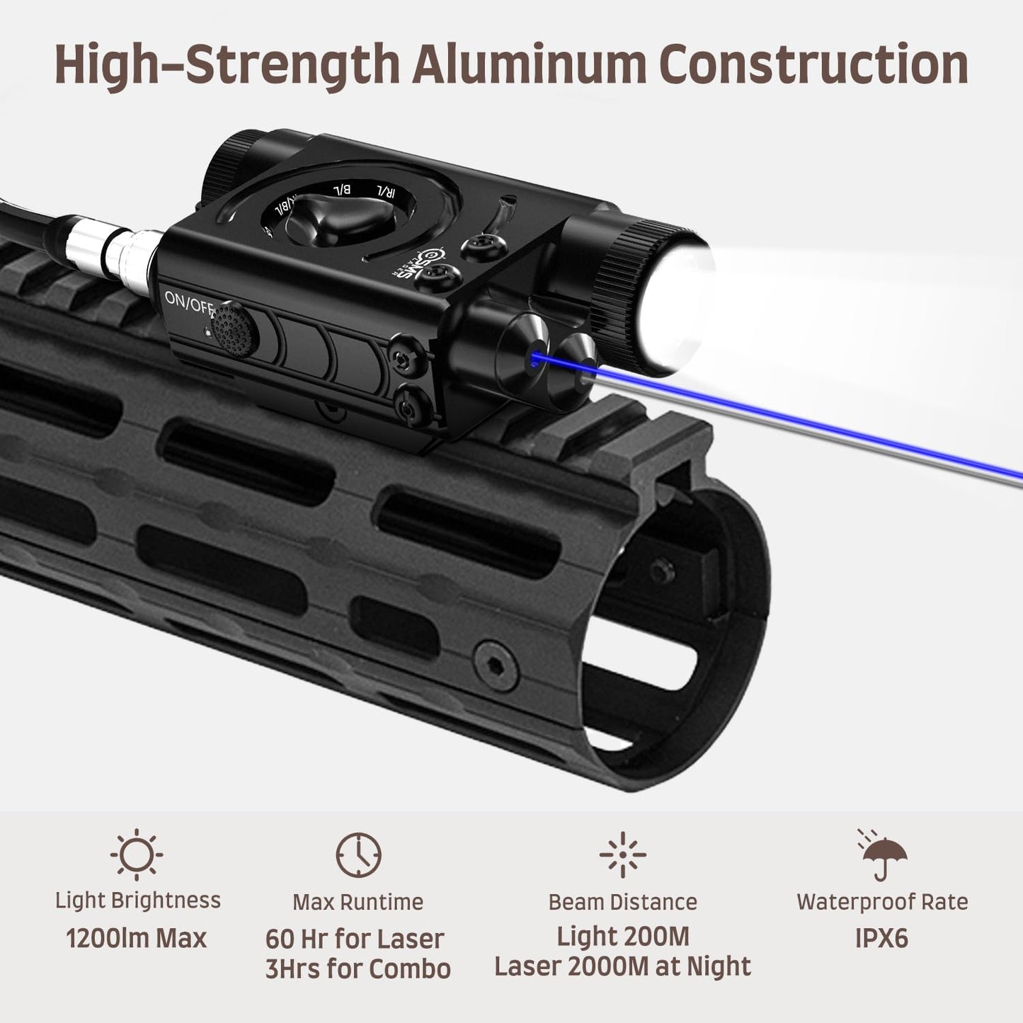 SMSlaser Upgraded Blue Laser Sight + Infrared(IR) Laser Beam + 1200 Lumens Tactical Flashlight with Rechargeable Battery, Including Battery Charger and Remote Control Switch, Fit for AEG GBB CQB 21MM