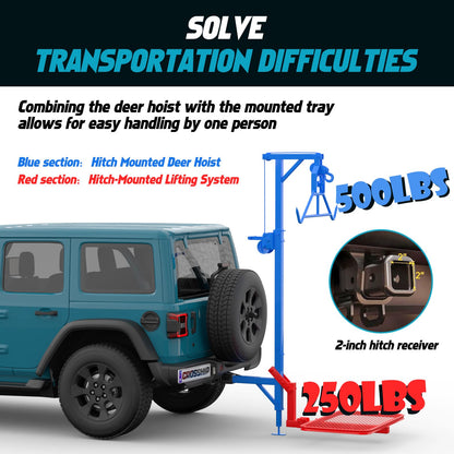 CROSSHIP Truck Hitch Game Hunting Hoist with Lifting System - for 2'' Receiver, 360° Swivel Hitch Crane & Lift - Truck Bed Kit with Winch/Gambrel - 400lbc Hoist & 250lbc Lift