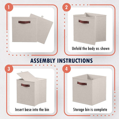 Ornavo Home 13 x 13 Storage Cube Bins, Foldable Collapsible Fabric Storage Bins Box Linen Shelf Basket Cube Organizer for Closet with Leather Handles, 6 Pack, Beige
