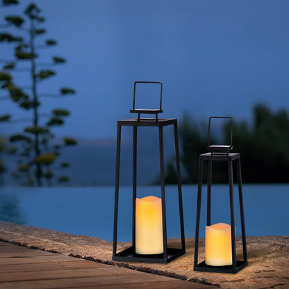 Skiennix Solar Lantern Set of 2 - Modern Black Metal Lanterns with Solar Candles for Outdoor Decor | 18” & 15”