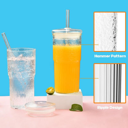 ALINK Glass Cups with Lids and Straws, 22 oz High Borosilicate Clear Iced Coffee Glass Tumblers, Drinking Glass Smoothie Tea Water Cups, Pack of 2 with Cleaning Brush
