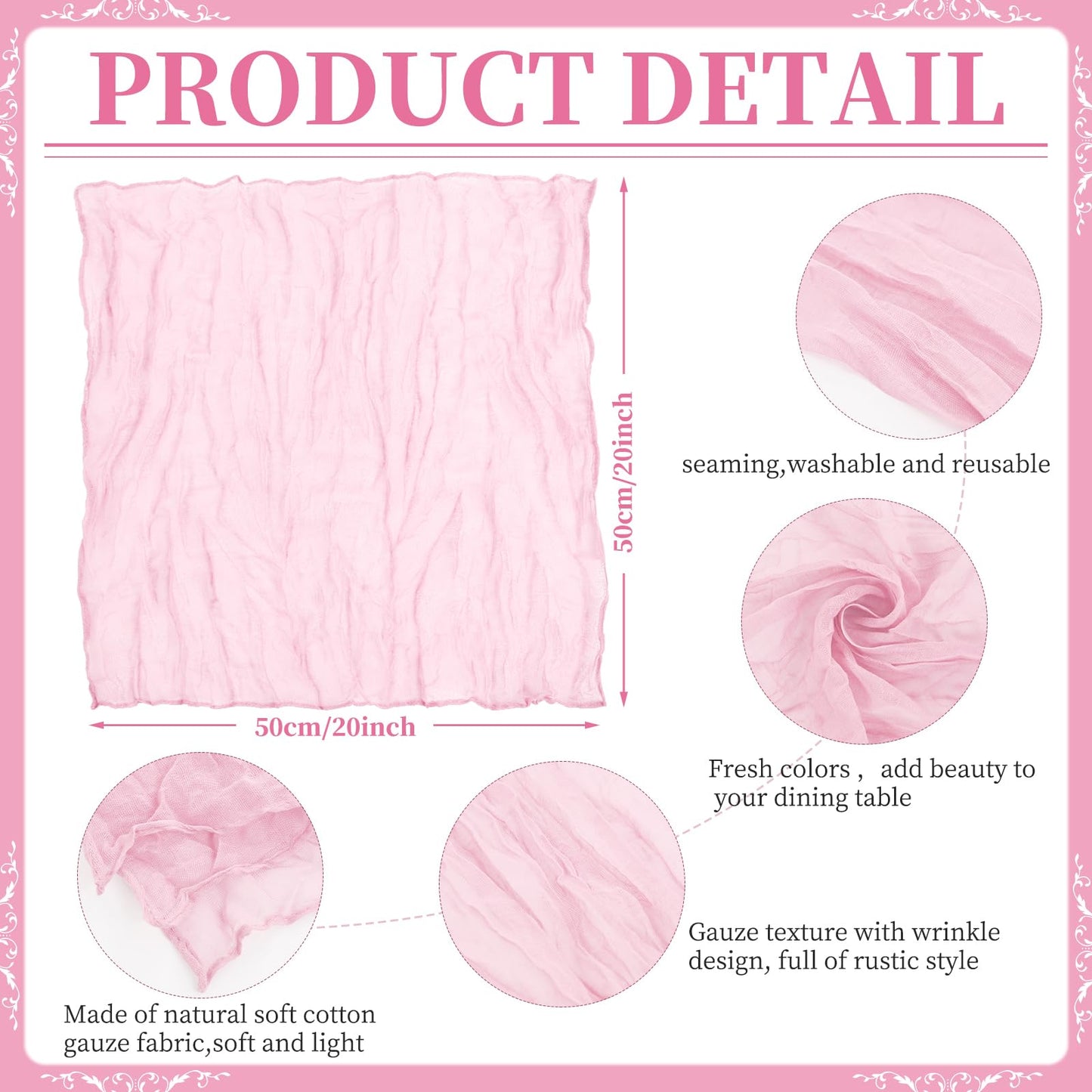 96 Pcs Light Pink Gauze Cheesecloth Napkins, 20 x 20 Inch Wrinkled Rustic Boho Dinner Napkins for Wedding,Dinner,Family Everyday Use/Parties