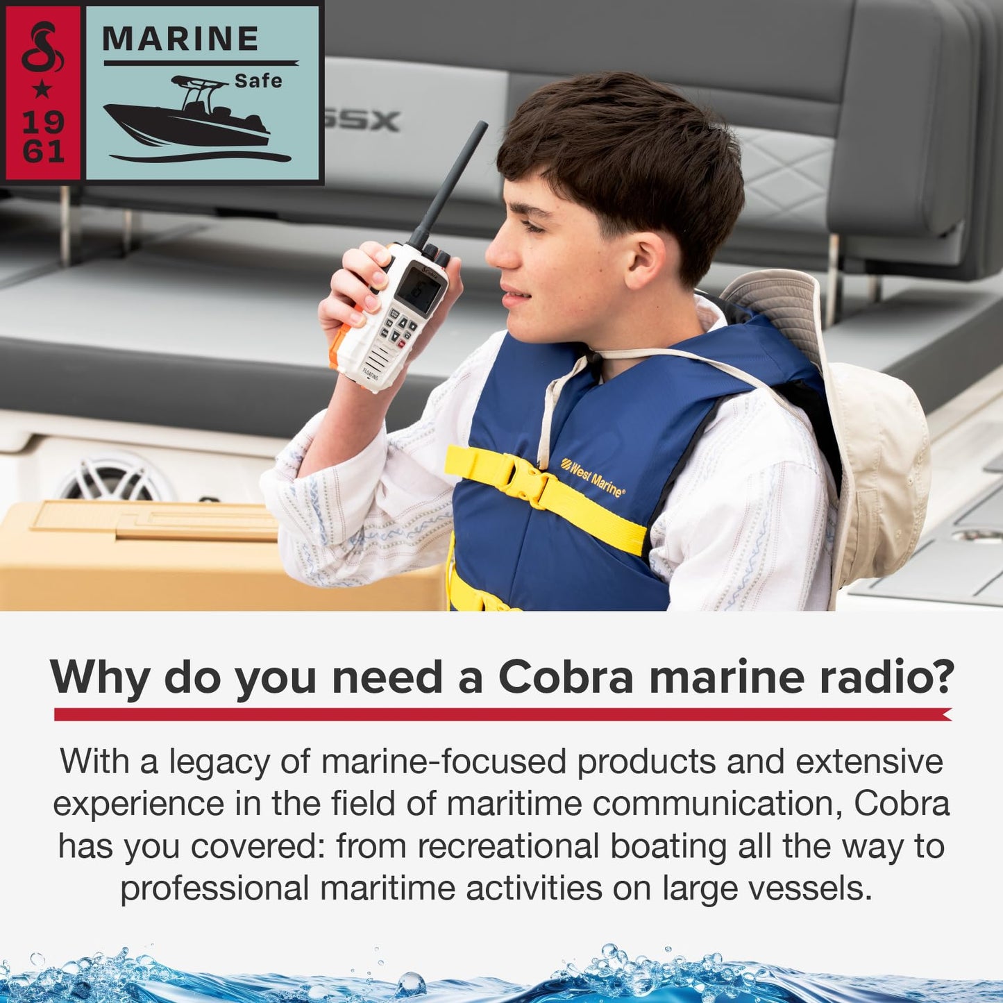 Cobra BlueBound 350 VHF Handheld Marine Radio - White – 6-Watt, Floating, Long Range, NOAA Weather Alerts, International Functionality, IPX7 Waterproof, USB-C, Submersible, LCD Screen, Belt Clip