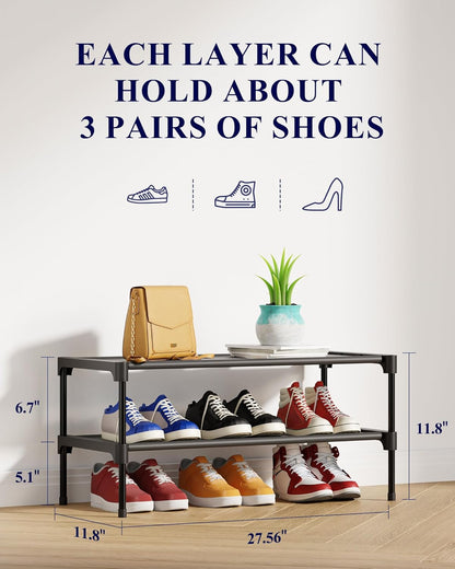 Kitsure Shoe Rack - Stackable Non-Woven Shoe Organizer for Closet & Entryway | 2-Tier, 27.5" Wide, Black