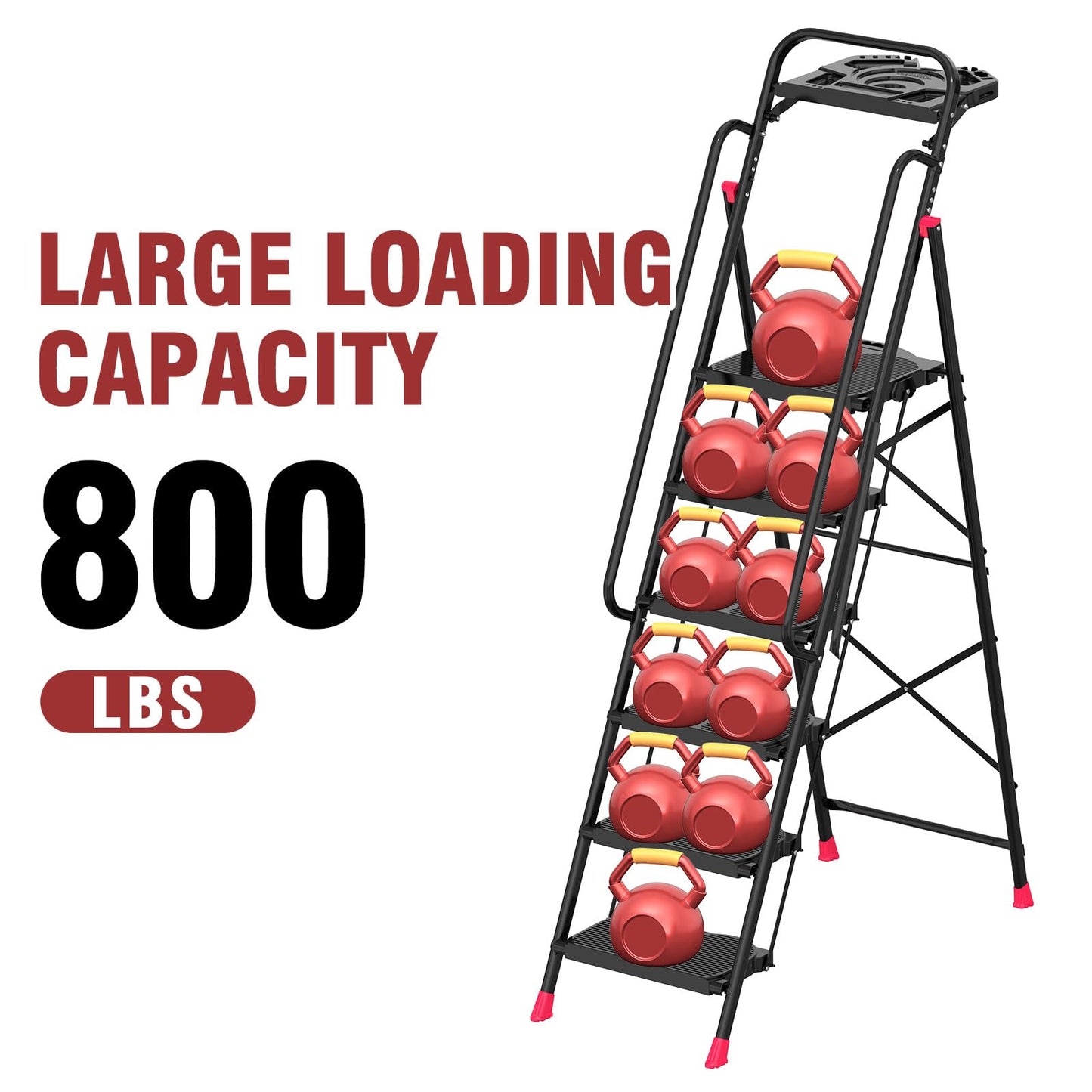 6 Step Foldable Step Ladder with Roomy Tool Tray & Secure Handrail, Wide Pedals Platform Stool 800lbs Capacity for Adults Home Kitchen
