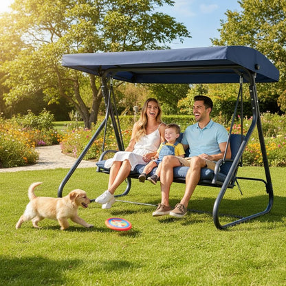3-Seat Outdoor Convertible Swing Glider with Adjustable Canopy, 2-in-1 Bench to Flat Bed, Removable Cushions, Heavy-Duty Metal Frame, 750 LBS Weight Capacity for Patio, Backyard, Porch, Garden, Blue