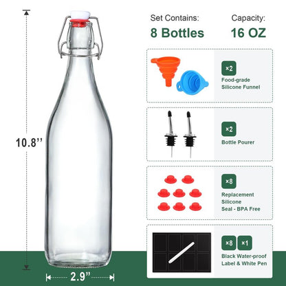 8 Set 16 OZ Swing Top Glass Bottles - Flip Top Beer Brewing Bottles with Stopper for Fermentation, Kombucha, Mead Kefir, Vanilla Extract, Juice, Tea, Wine, Soda - Airtight Cap Lids, Bonus 2 Pourers