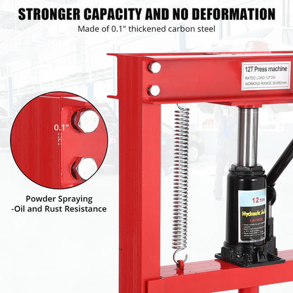 12 Ton Hydraulic Press with Adjustable Table, Heavy Duty H-Frame Hydraulic Shop Press with Movable Plates, Ideal for Auto Repair, Metal Bending, Garage Use, Red