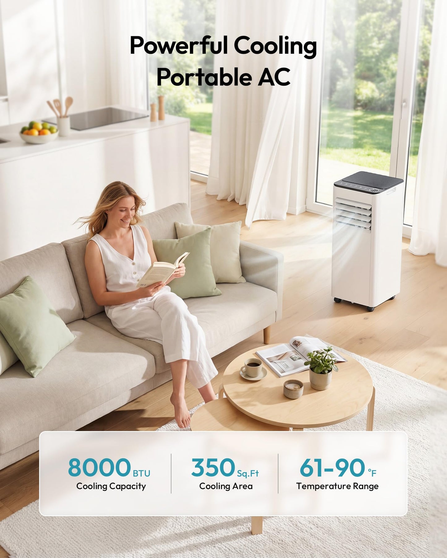 EUHOMY 8,000 BTU Portable Air Conditioners, 4-in-1 Portable AC Unit Cools Up to 350 Sq.Ft, with Cool, Fan, Dehumidifier, Sleep Modes, 50 dB, 24H Timer, Remote Control, Installation Kit for Bedroom