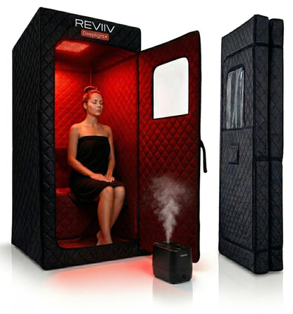 REVIIV Infrared Sauna Box for Home with 660nm & 850nm Red Light Therapy, Foldable Full Body Portable Steam Sauna Tent, 1500W Steamer + Chair, 71" Tall, 9 Heat Levels for Detoxification – DeepLight+