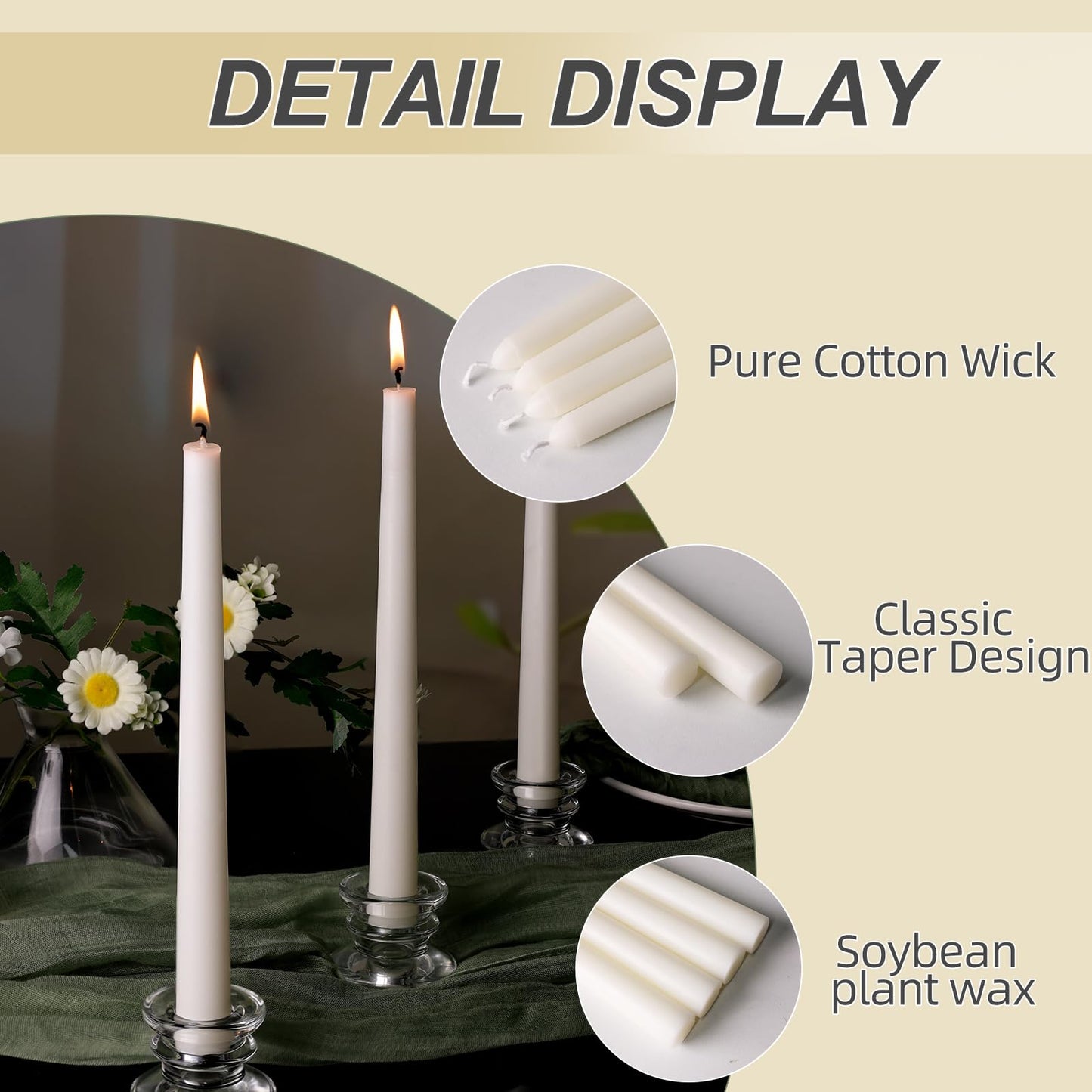TRIRITE White Soy Taper Candles, 10 Inch Unscented Taper Candles Handmade Dinner Candle, Dripless & Smokeless Non-Toxic Soy Candle for Wedding Holiday Party Home Decoration, 9-8 Hour,12 Pack