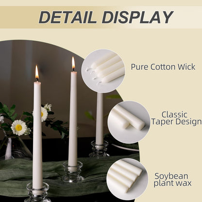 TRIRITE White Soy Taper Candles, 10 Inch Unscented Taper Candles Handmade Dinner Candle, Dripless & Smokeless Non-Toxic Soy Candle for Wedding Holiday Party Home Decoration, 9-8 Hour,12 Pack