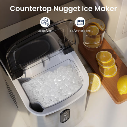 Antarctic Star Nugget Ice Makers Countertop with Auto-Cleaning, 35lbs/Day, Portable Sonic Ice Machine with Handle, Basket and Scoop for Home/Kitchen/Office/Camping(Stainless Steel Silver)