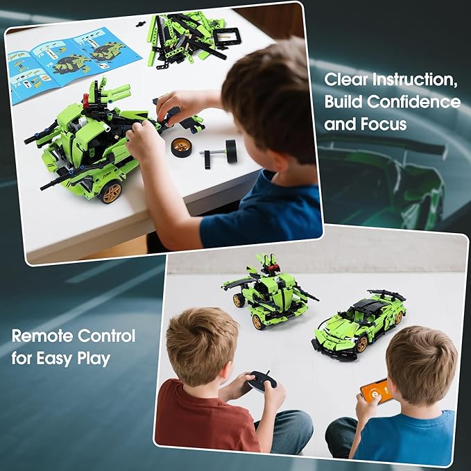 STEM Building Blocks Kit for Kids - 2 in 1 Remote Control Race Car and Robot Toy Great Gift for Boys Teens Age 6 7 8-12+ Year Old Who Love Engineering and RC Sports Car Toys