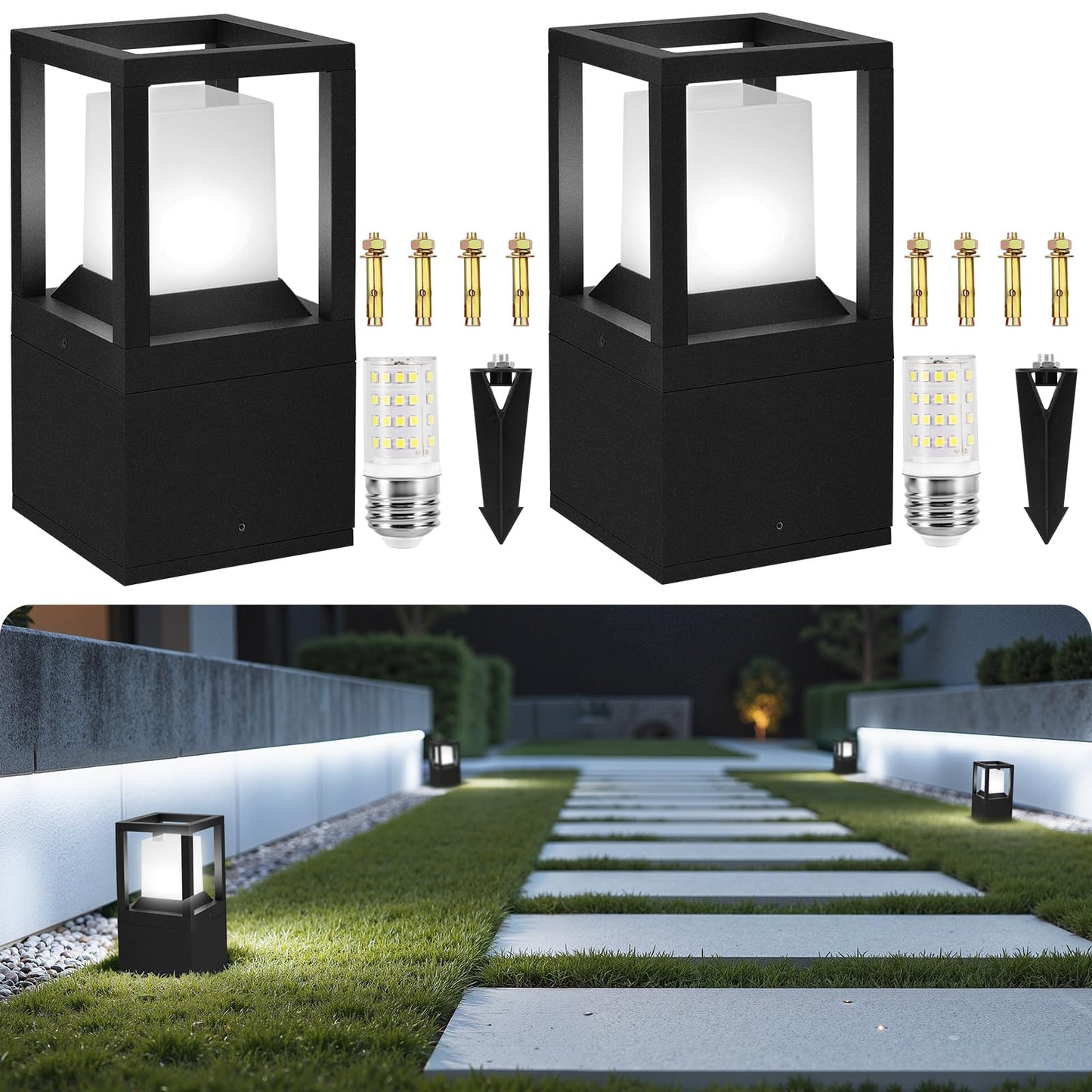 Gardencoin Landscape Bollard Lights Outdoor, Low Voltage 12V LED Pathway Lighting, Modern Post Lantern Wired, Aluminum Waterproof Floor Pillar Lighting with 5W 5000K E26 Bulb, 2 Pack