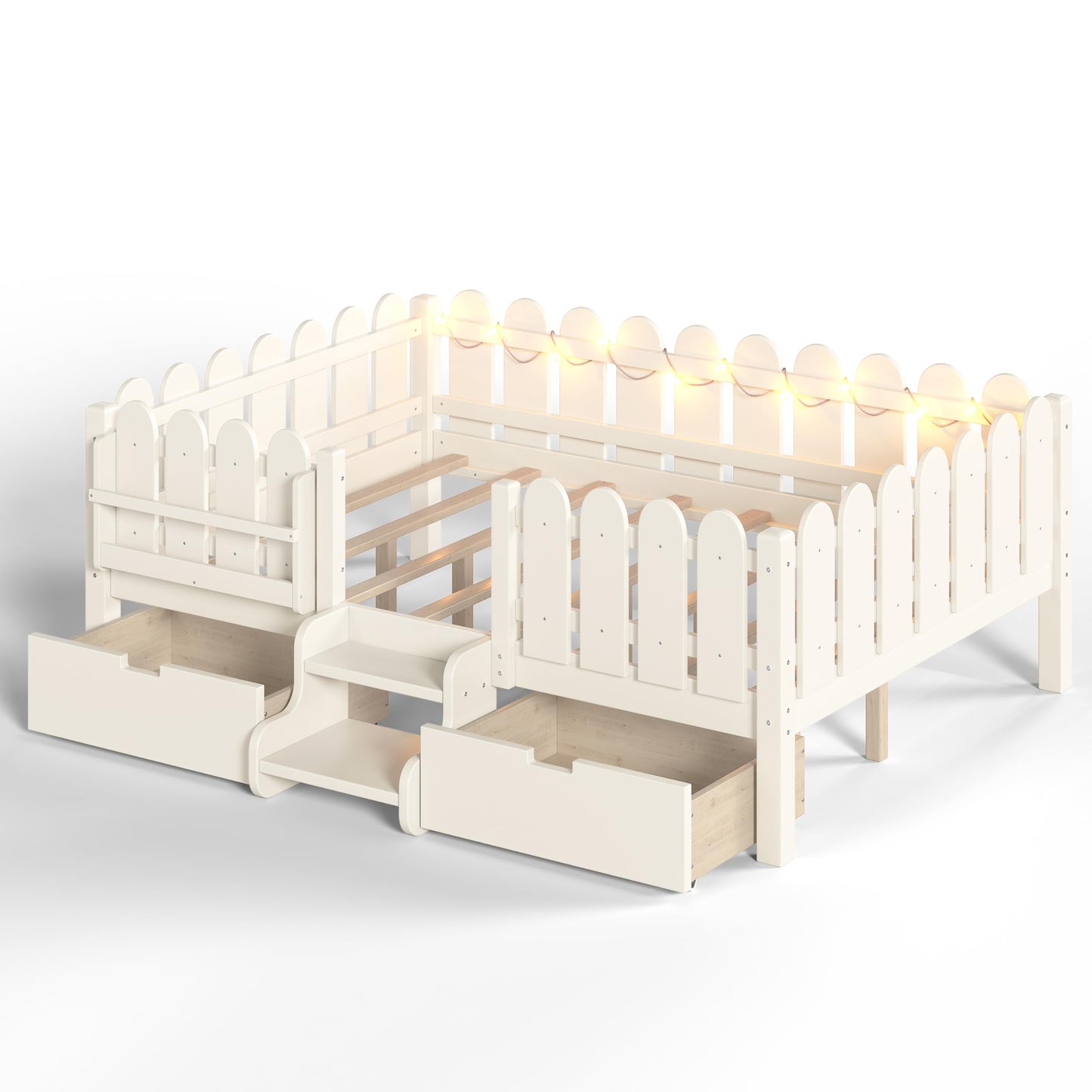Bellemave Full Kids Montessori Bed with Stairs, Bookshelf and LED Lights, Solid Wood Kids Bed Frame with Storage Drawers for Boys Girls, Low Profile,Beige