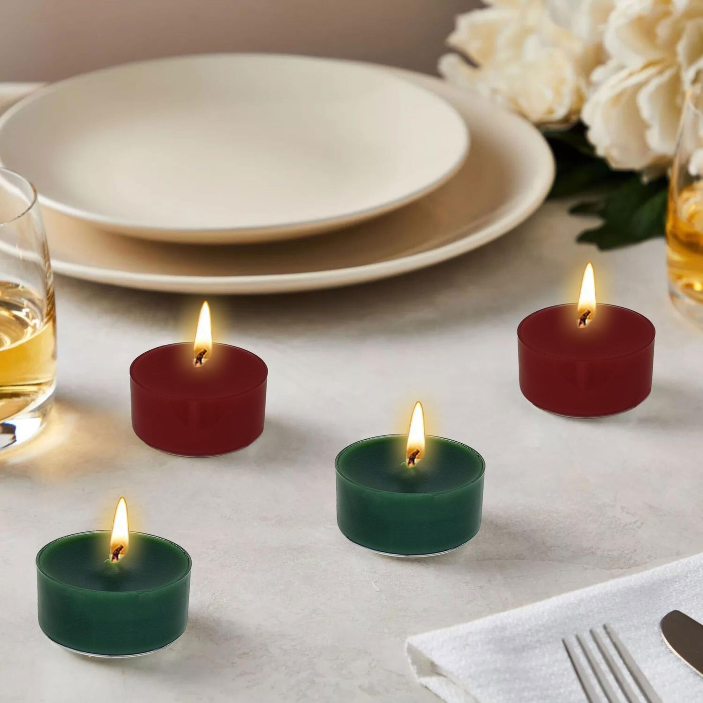 Red & Green Tea Lights Set of 24, Apple Cedar Scented Tealight Candles, Handmade Tea Candles, Long Burning Tealights for Romantic Wedding Home Decor Gift