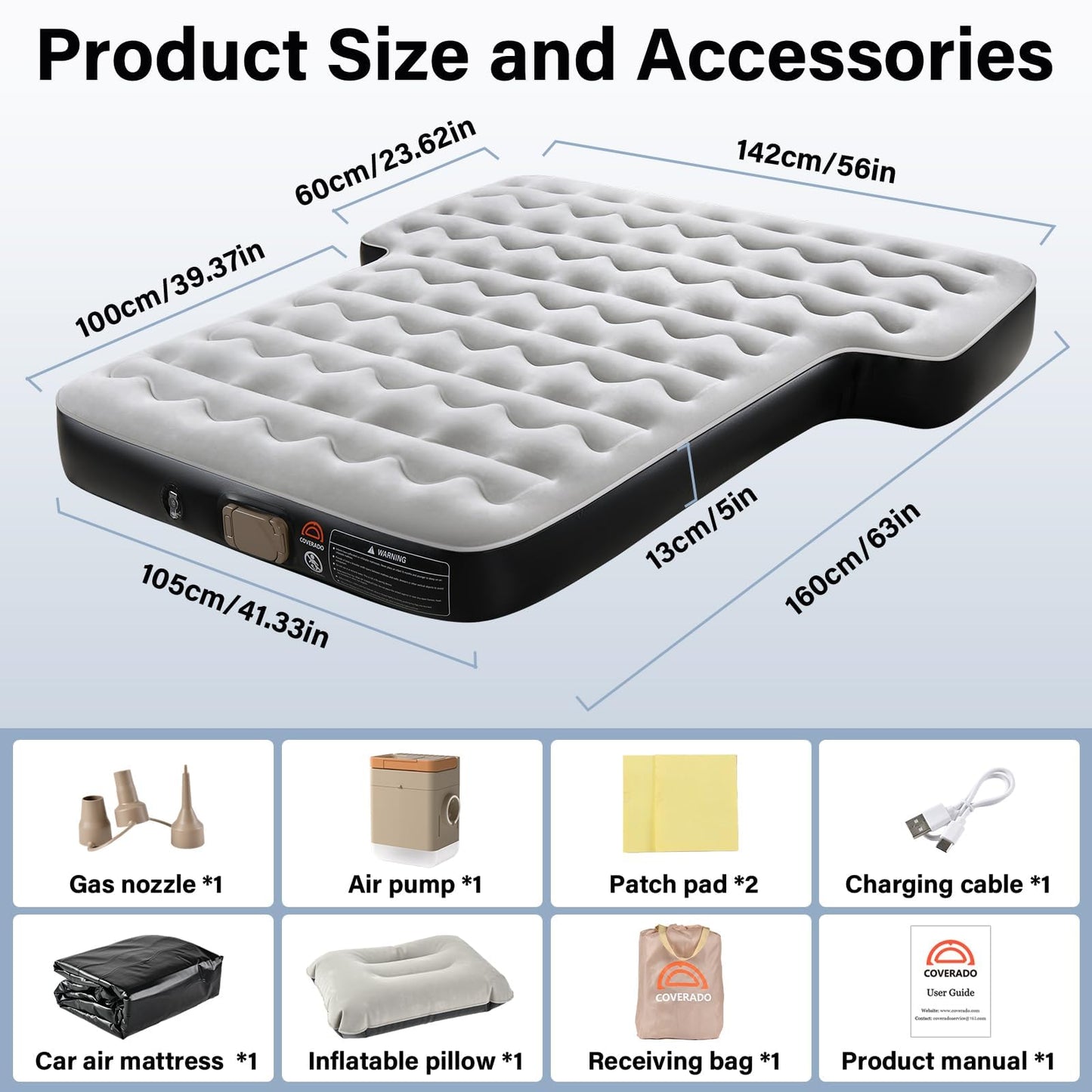 Coverado SUV Air Mattress, Thickened Flocked-Top Car Air Mattress with Wireless Built-in Pump, Pillows, Patch Kit & Carry Bag, Quick&Easy Set Up, SUV Mattress Camping Bed Universal fit for Most Cars