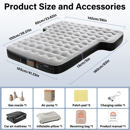 Coverado SUV Air Mattress, Thickened Flocked-Top Car Air Mattress with Wireless Built-in Pump, Pillows, Patch Kit & Carry Bag, Quick&Easy Set Up, SUV Mattress Camping Bed Universal fit for Most Cars
