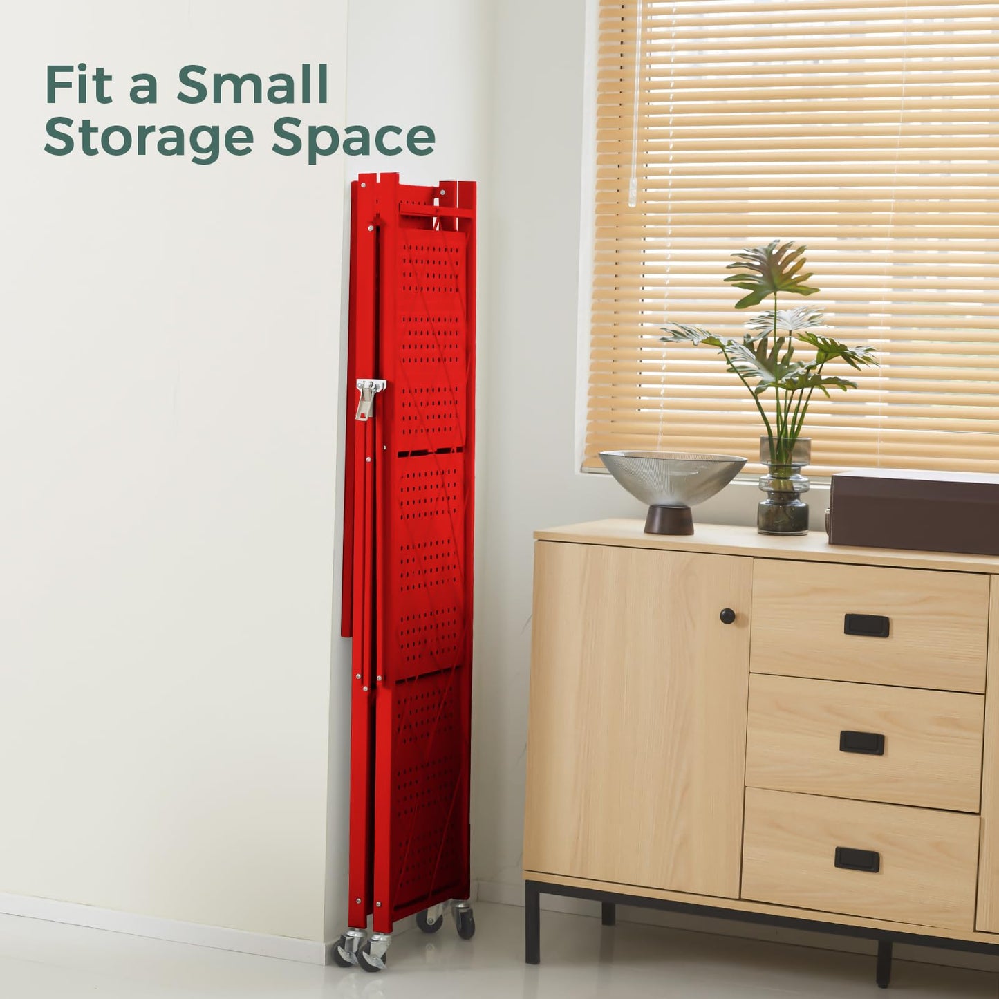 DEANIC 4 Tier Foldable Storage Shelves with Wheels, Large Capacity Shelving Unit, Freestanding Metal Wire Shelf Rack, No Assembly Organizer Rack for Garage Kitchen, Basement, Pantry(Red Pack of 2)