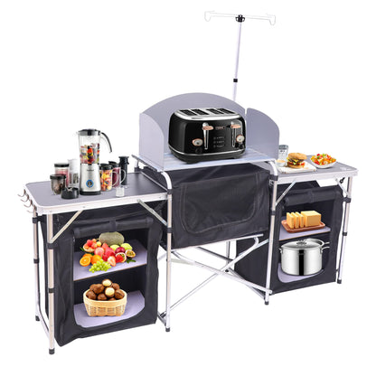 Nice C Camping Kitchen Table, Folding Grill Table, Upgrade Light Stand and Windshield Cooking Station & 3 Organizers, Carry Bag for Outdoor, Beach, BBQ, Picnic, Cooking, Indoor, Office(Silver)