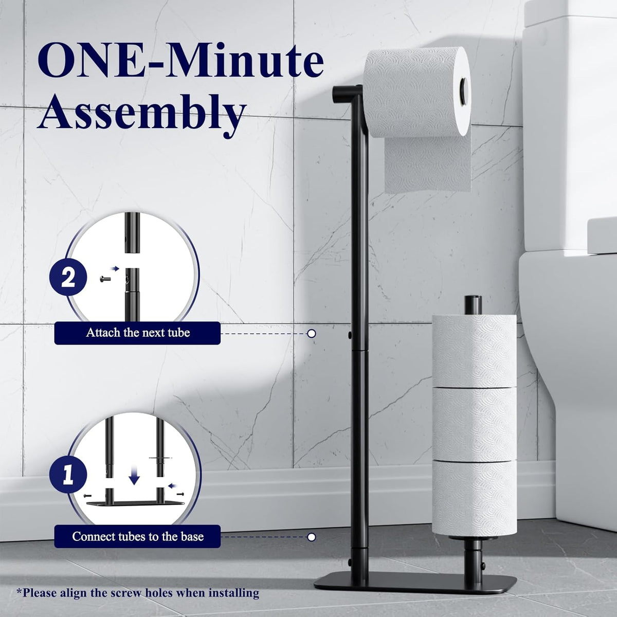 Kitsure Toilet Paper Holder - Free Standing, Rustproof Design for 4 Rolls, Non-Slip Stable Base | Black Medium