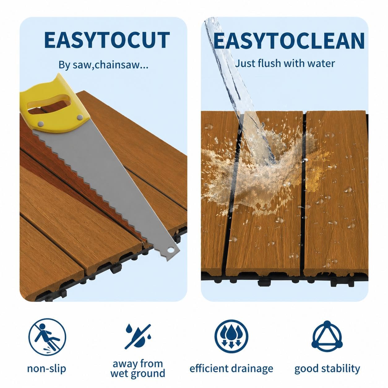Waterproof Interlocking Composite Deck Tiles 12"X12" – Wood-Look Outdoor & Indoor Tiles for Patio, Balcony, Deck, Poolside & Wall Décor – All-Weather Snap-Together Flooring, Teak, 27 Pcs